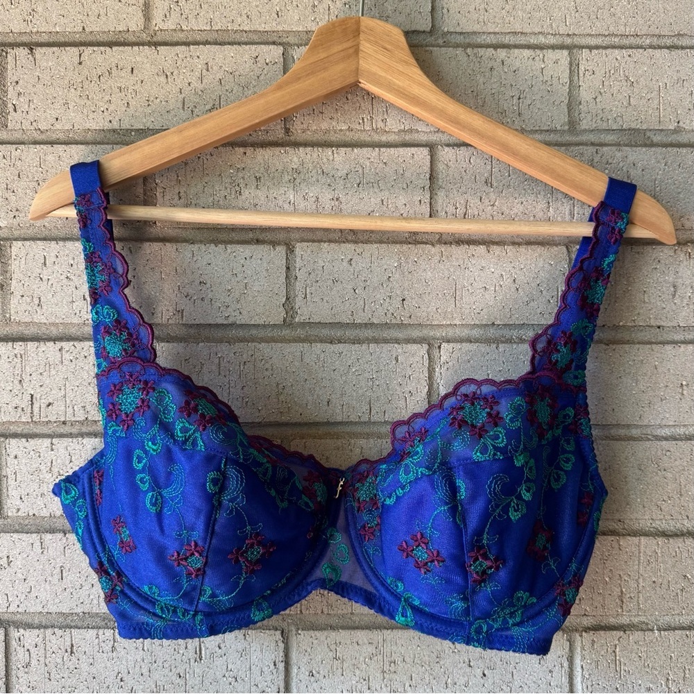Frederick’s of Hollywood Blue Purple Embroidered Lined Push Up Bra Sz 36DD